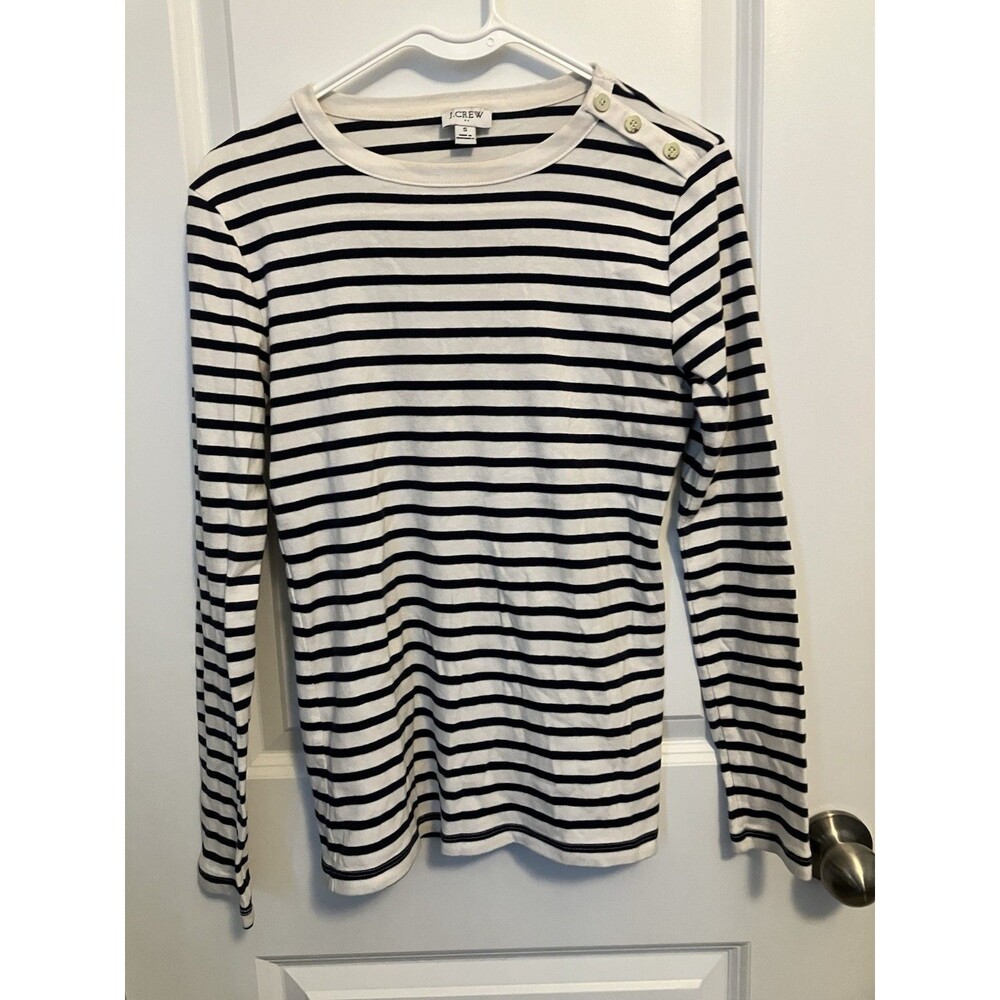 J. Crew Navy blue Cream Stripe Long Sleeve Shirt Small gold buttons Cotton